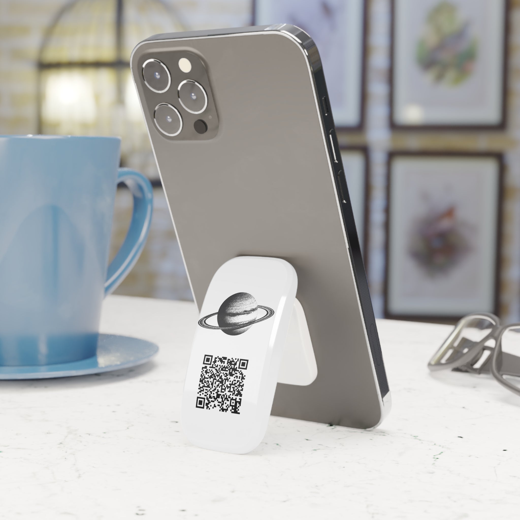 Orbit Link™ Phone Grip & Stand — Saturn Artwork + Scannable QR